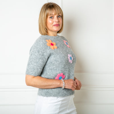 The grey Short Sleeve Daisy Jumper made from a blend of cotton and acrylic and perfect for spring